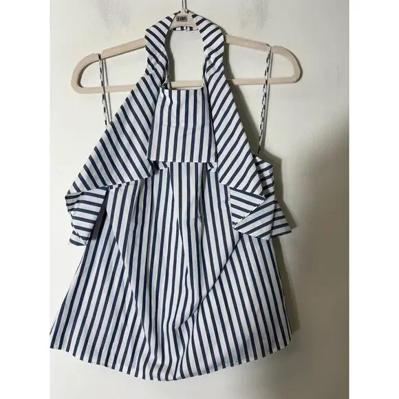 Alice + Olivia White Blue Backless Halter Cotton Top Sz LG - Picture 1 of 2